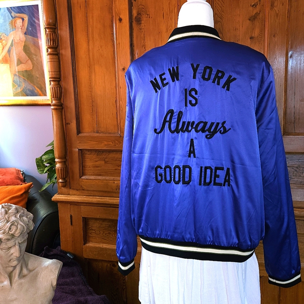 Fun NY Forever 21 Purple Bomber Jacket with Decorative Patches. 3x - Runs Small